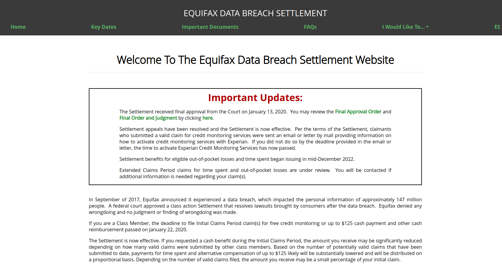 Equifax settlement website screenshot